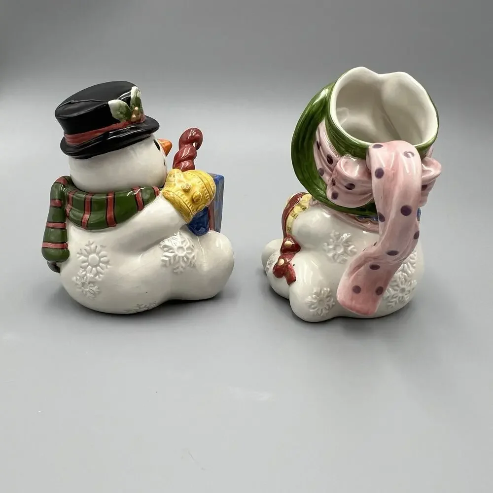 VTG Fitz & Floyd Frosty Folks Creamer Sugar‎ Spoon Set 90s Christmas Snowman
